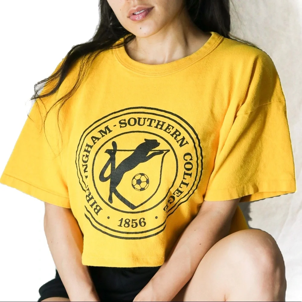 Vintage Champion Soccer Spell Out Yellow And Black Crop Top T-shirt Women’s L/XL - Picture 6 of 10